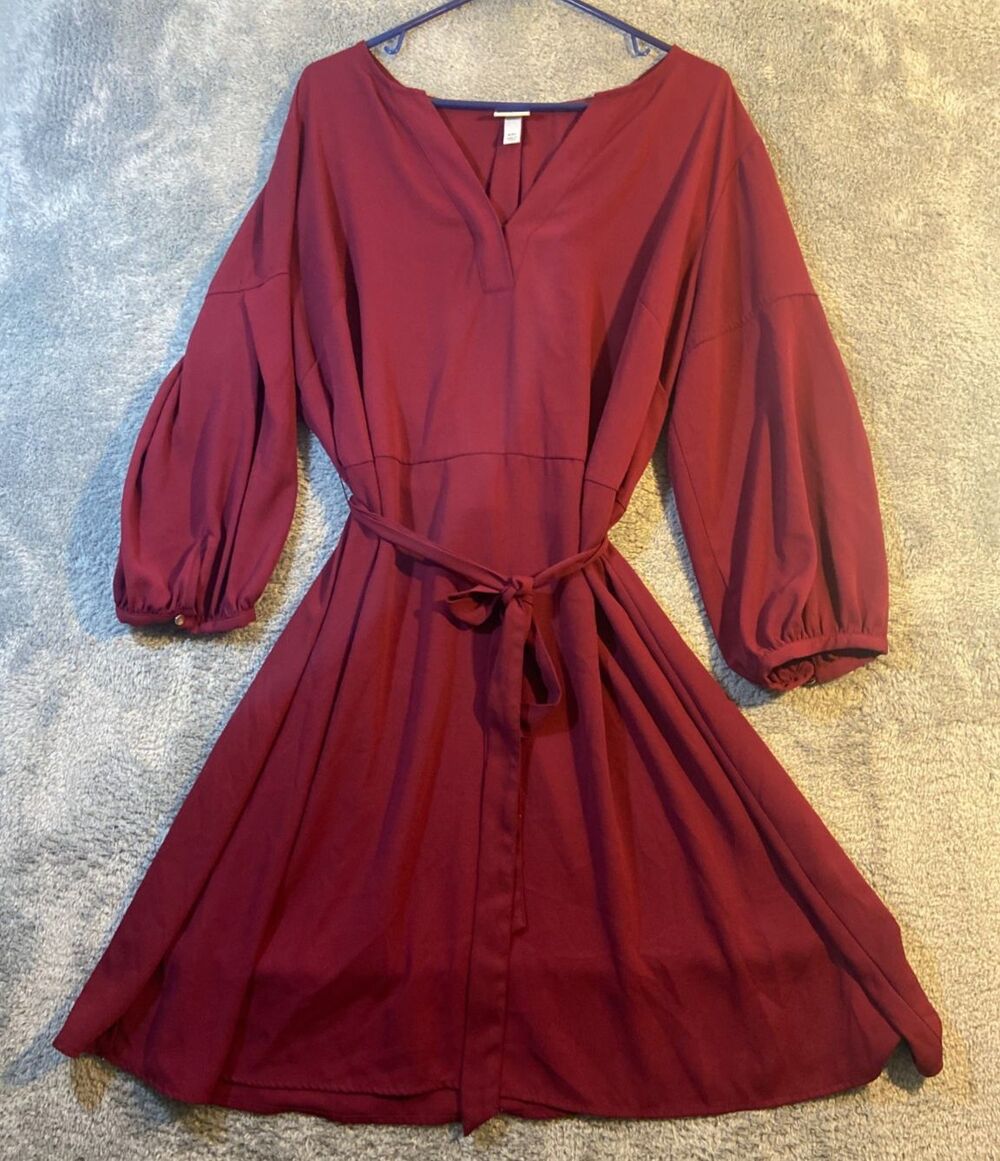 A New Day Dress Womens Plus XXL Burgundy Knee Length V Neck Bishop Sleeves Tie - Picture 3 of 9